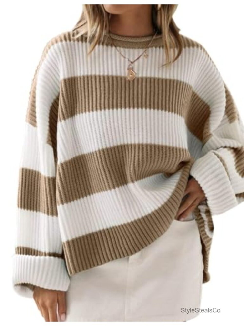 Oversized Striped Knit Sweater Flared Sleeve Pullover